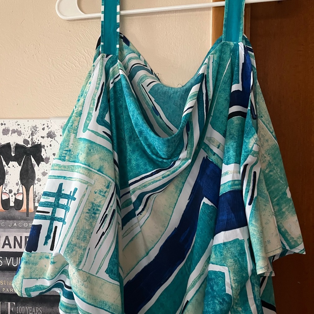 Teal & Navy Printed Cowl Neck Women's Blouse